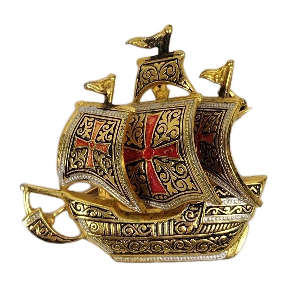Vintage Spain Gold Tone Damascene Galleon Sailing Ship Pin Brooch